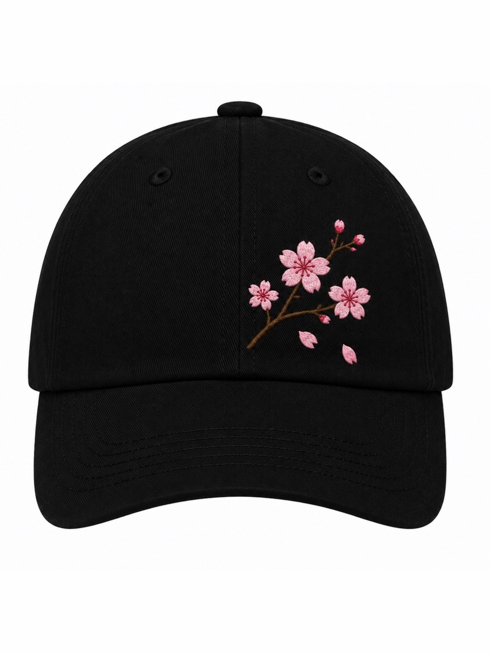 🌸 Cherry Blossom Embroidered Black Baseball Hat Japanese Floral Adjustable Cap